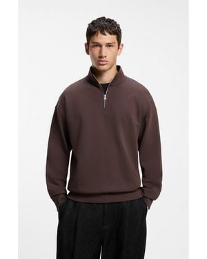 HUGO Relaxed-Fit Cotton Sweatshirt With Zip Neck - Brown