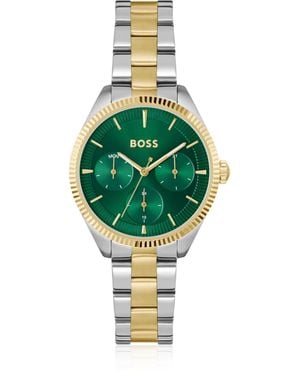BOSS Two-Tone Watch With Fluted Bezel - Green
