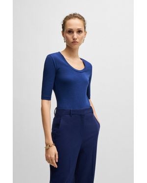 BOSS Scoop-neck Top In Wool And Cotton - Blue