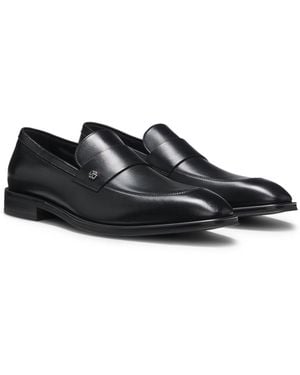 BOSS Leather Loafers With Double B Monogram Trim - Black