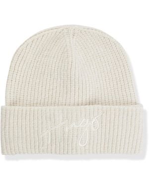 HUGO Ribbed Beanie Hat With Embroidered Handwritten Logo - White
