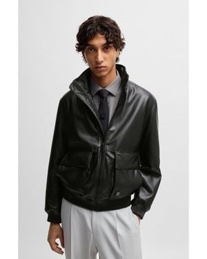 HUGO Faux-Leather Jacket With Stacked Logo - Black