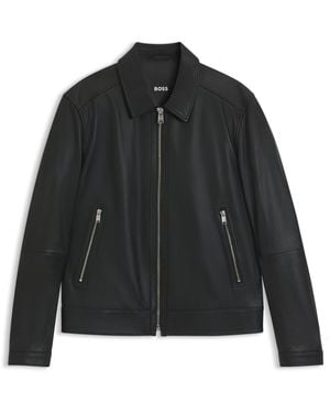 BOSS Veste En Cuir Regular Avec Fermeture Éclair - Noir