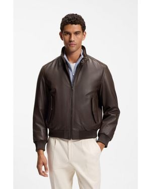 BOSS Padded Leather Jacket With Stand Collar - Brown