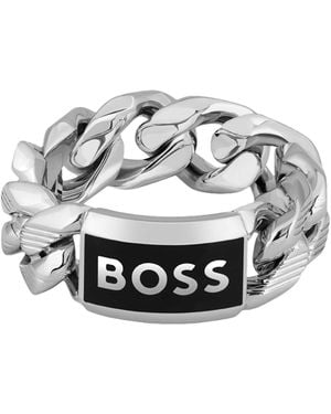 BOSS Chain Ring With Logo Plate - Metallic