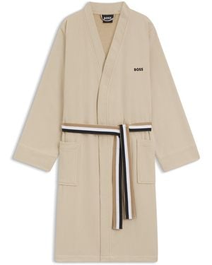 BOSS Cotton Dressing Gown With Signature-Stripe Belt - Natural