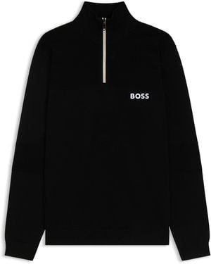 BOSS Pullover Aus Wasserabweisendem Baumwoll-Mix Mit Troyerkragen - Schwarz