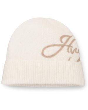 HUGO Wool-Blend Beanie Hat With Embroidered Script Logo - Natural