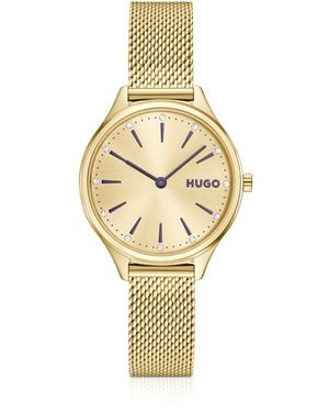 HUGO #Glossy Lichtgoudkleurig Stalen Horloge Met Kristallen Uuraanduidingen - Blauw