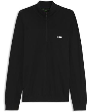 BOSS Pullover Aus Schurwoll-Mix Mit Troyerkragen Und Logo - Schwarz