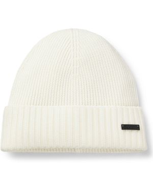 BOSS Rib-Knit Virgin-Wool Beanie With Logo Plaque - White