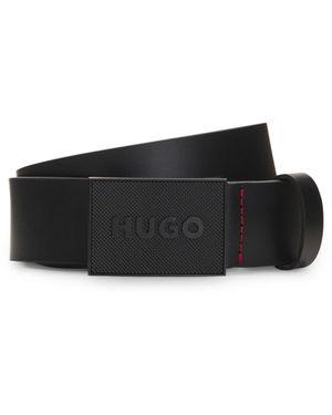 HUGO Italian-Leather Belt With Logo Plaque Buckle - Black