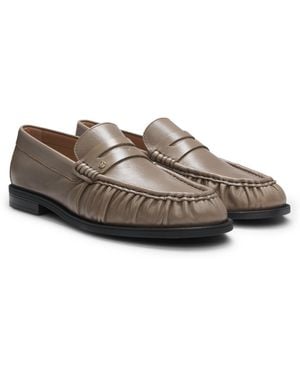 BOSS Leather Moccasins With Double B Monogram - Grey