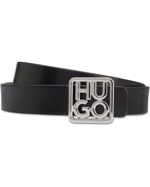 HUGO Italian-Leather Reversible Belt With Stacked-Logo Buckle - Black