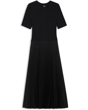 BOSS Mixed-Material Dress With Plissé Skirt - Black