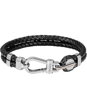 BOSS Braided-Leather Cuff With-Tone Carabiner Closure - Black