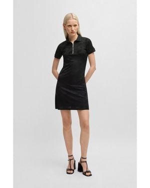 HUGO Jacquard-Knit Dress With Logo-Zip Placket - Black
