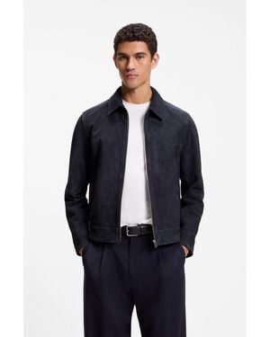 BOSS Suede Leather Jacket With Zip Closure - Blue
