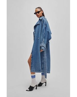 HUGO Trench Coat In Blue Denim With Branded Trims