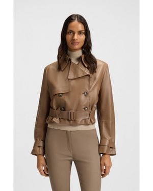 BOSS Trench-Style Leather Jacket With Tie-Up Belt - Brown