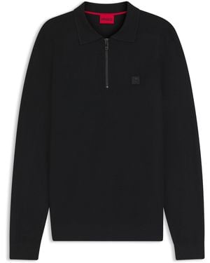 HUGO Zip-Neck Knit Polo With Stacked Logo - Black