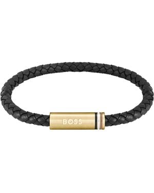 BOSS Black Braided-leather Cuff With Magnetic Logo Closure Men's Jewelry