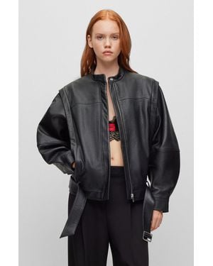 HUGO Oversized-fit Leather Jacket With Zip-off Sleeves - Black