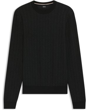 BOSS Pullover Aus Schurwoll-Mix Mit Baumwolle Und Fischgrät-Struktur - Schwarz