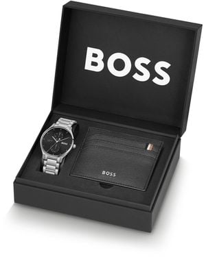 BOSS Dial Watch And Leather Card Holder Gift Set - Black