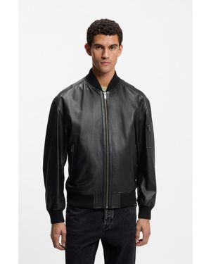 BOSS Leather Bomber Jacket With Sleeve Pocket - Black