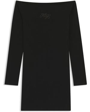 HUGO Off-The-Shoulder Mini Dress With Rhinestone Logo - Black