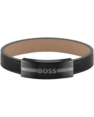 BOSS Leather Cuff With Metal Enamel-filled-logo Plate - Multicolour