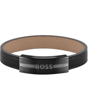 BOSS Leather Cuff With Metal Enamel-filled-logo Plate - Multicolour