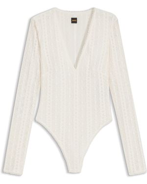 BOSS Bodysuit Met V-Hals En Geborduurde Structuur - Wit