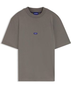 HUGO T-Shirt Van Katoen Met Geribde Halsboord En Logopatch - Grijs