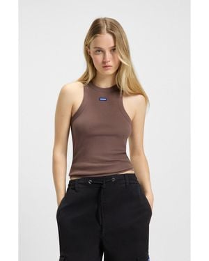 HUGO Slim-Fit Stretch-Cotton Top With Logo Badge - Black