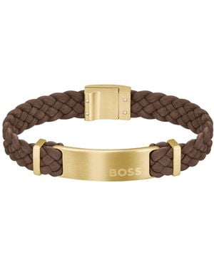 BOSS Bracelet tressé en cuir suédé marron avec plaquette logo