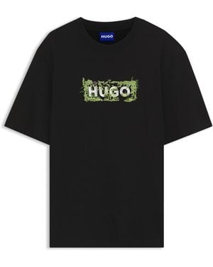 HUGO Cotton T-Shirt With Embroidered Logo Artwork - Black