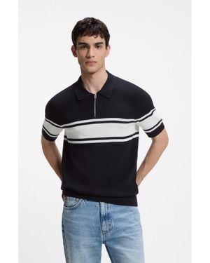 HUGO Zip-Neck Knit Polo With Block Stripes - Black