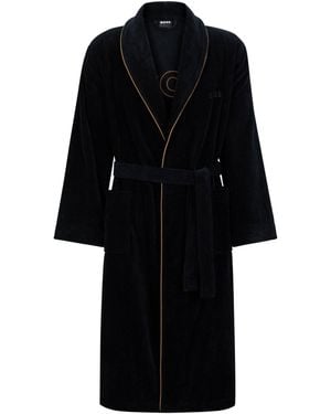 BOSS Cotton Dressing Gown With Piping And Embroidered Branding - Black