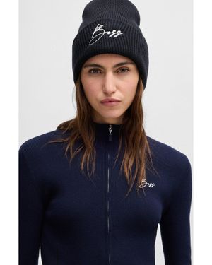 BOSS Equestrian Ribbed Beanie Hat With Embroidered Logo - Blue