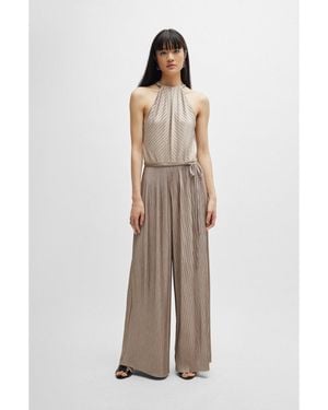BOSS Sleeveless Jumpsuit With Plissé Pleats And Tie Belt - Natural