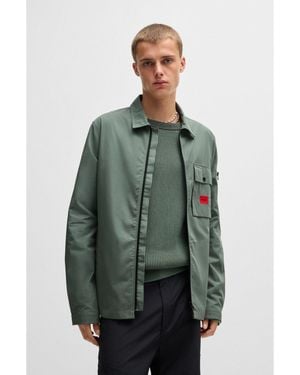 HUGO Zip-Up Cotton-Blend Canvas Overshirt With Logo Label - Green