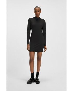 HUGO Stretch-Cotton Bodycon Dress With Logo Badge - Black