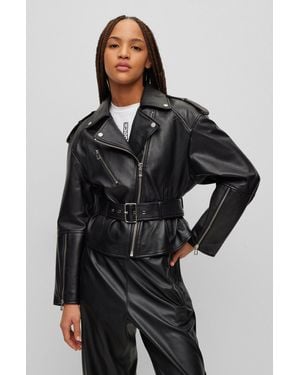 HUGO Relaxed-fit Leather Biker Jacket With Belt - Black