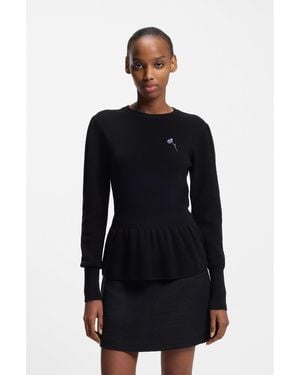 HUGO Cotton Jumper With Detachable Floral Brooch - Black