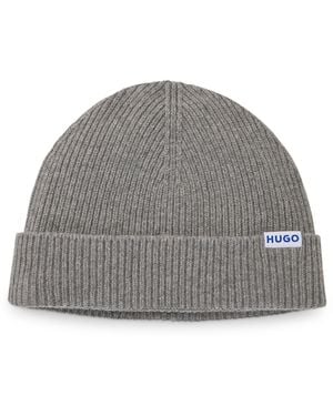 HUGO Ribbed Virgin Wool-Blend Beanie With Logo Label - Grey