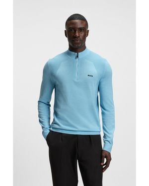 BOSS Cotton-Blend Jumper With Quarter Zip And Body-Mapping - Blue