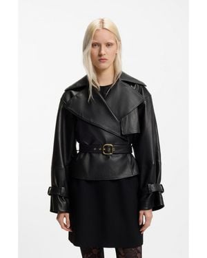 HUGO Relaxed-Fit Leather Jacket With Belt - Black