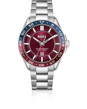 BOSS Zilverkleurig Horloge Met Rode Wijzerplaat En Roterende Bezel - Rood